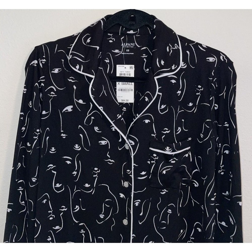Alfani Womens Lounge Sleep Button Front Shirt Top Face Print XS XSmall Black New - Picture 3 of 6